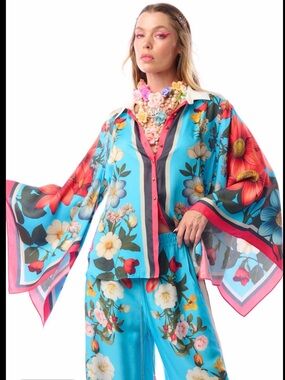 Aratta Turquoise Floral Silk Blouse msrp $190